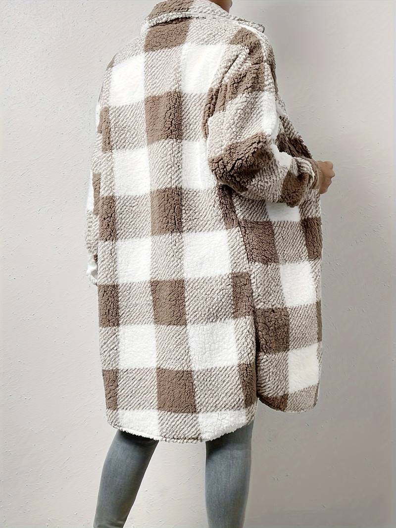 Women's Long Teddy Jacket – Cozy Checkered Style for Fall 1