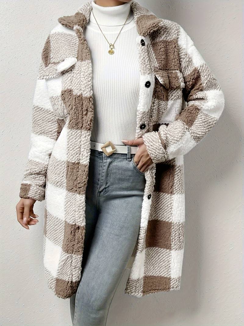 Women's Long Teddy Jacket – Cozy Checkered Style for Fall 3