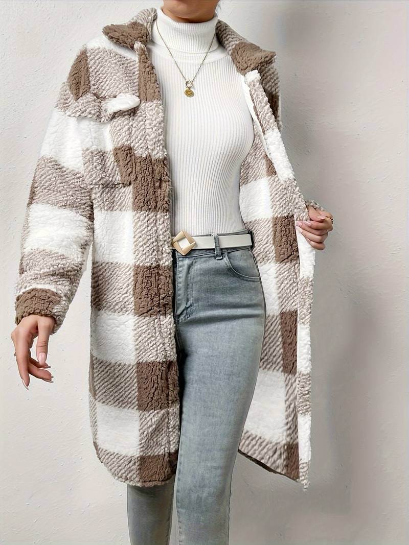 Women's Long Teddy Jacket – Cozy Checkered Style for Fall 4