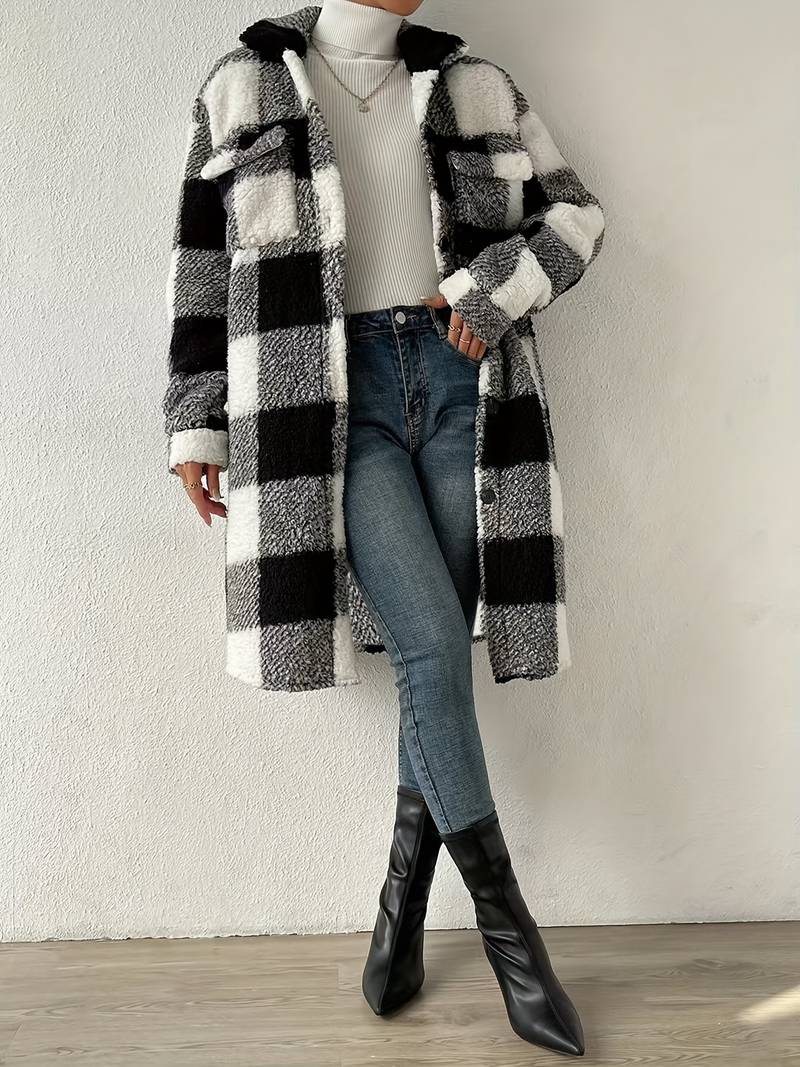 Women's Long Teddy Jacket – Cozy Checkered Style for Fall 5