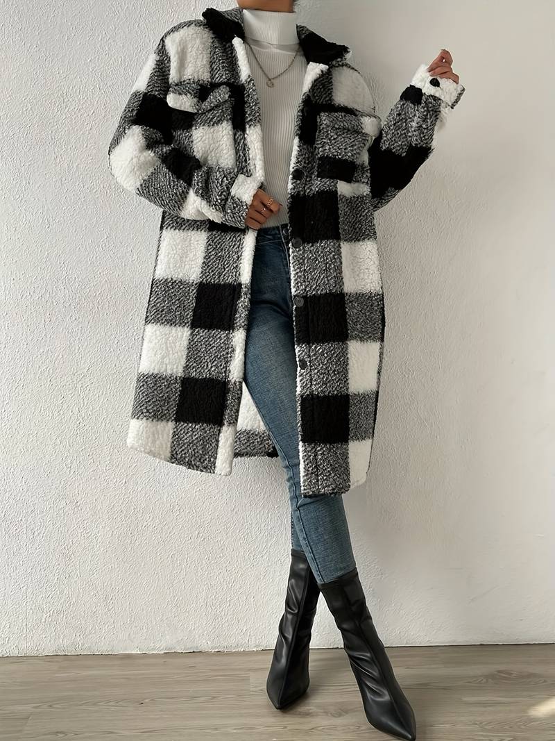 Women's Long Teddy Jacket – Cozy Checkered Style for Fall 7