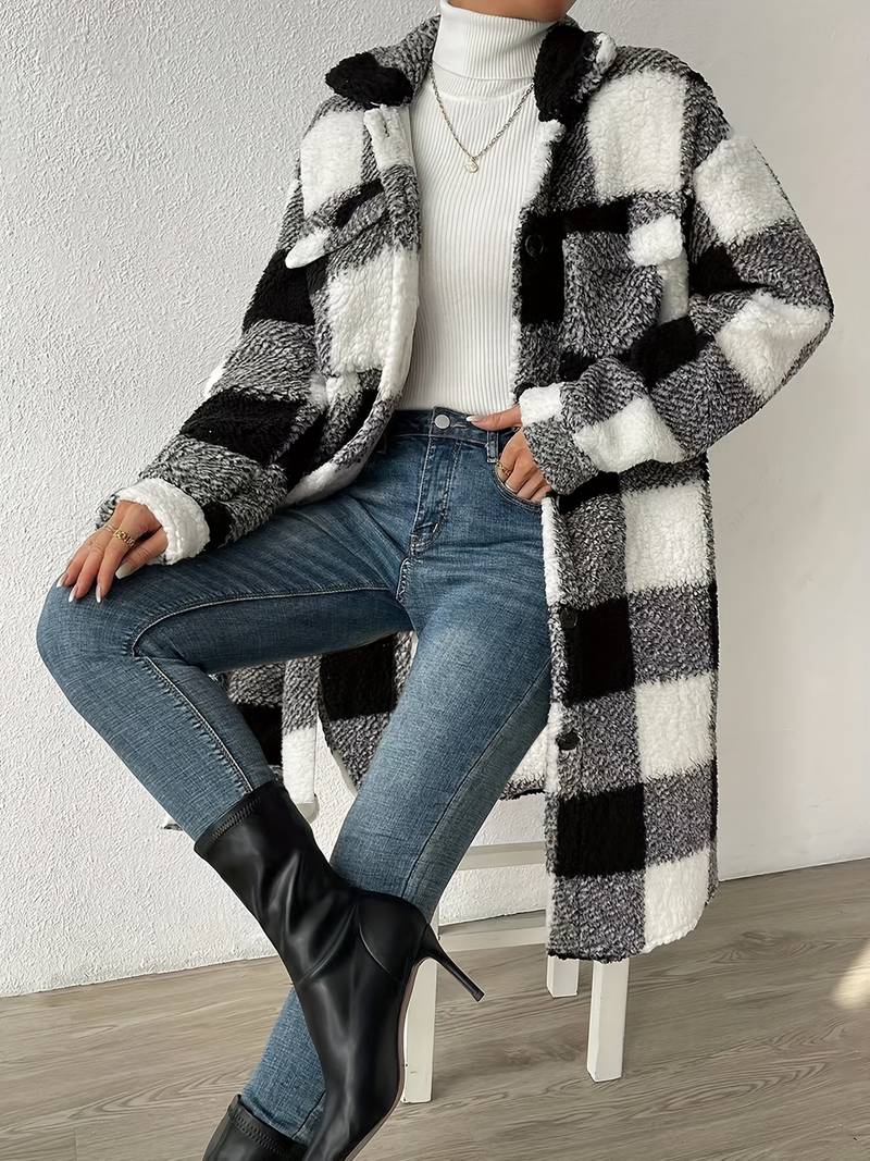 Women's Long Teddy Jacket – Cozy Checkered Style for Fall 8