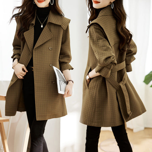 Women's Mid-Length Waffle Trench Coat – Chic Comfort with Belt 0