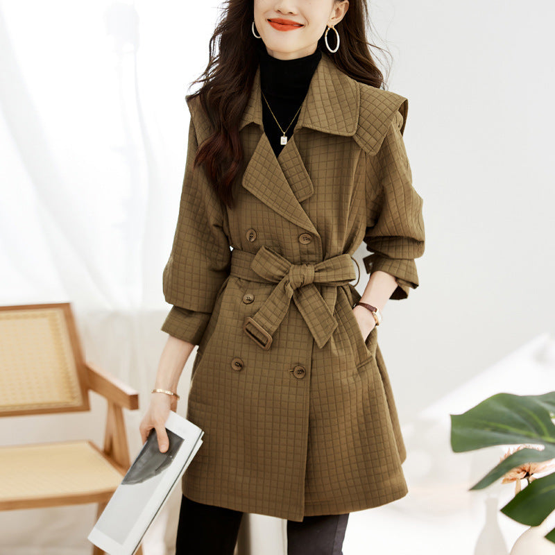 Women's Mid-Length Waffle Trench Coat – Chic Comfort with Belt 1