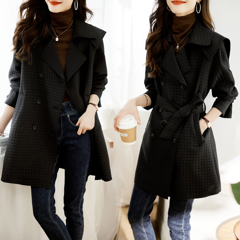 Women's Mid-Length Waffle Trench Coat – Chic Comfort with Belt 2