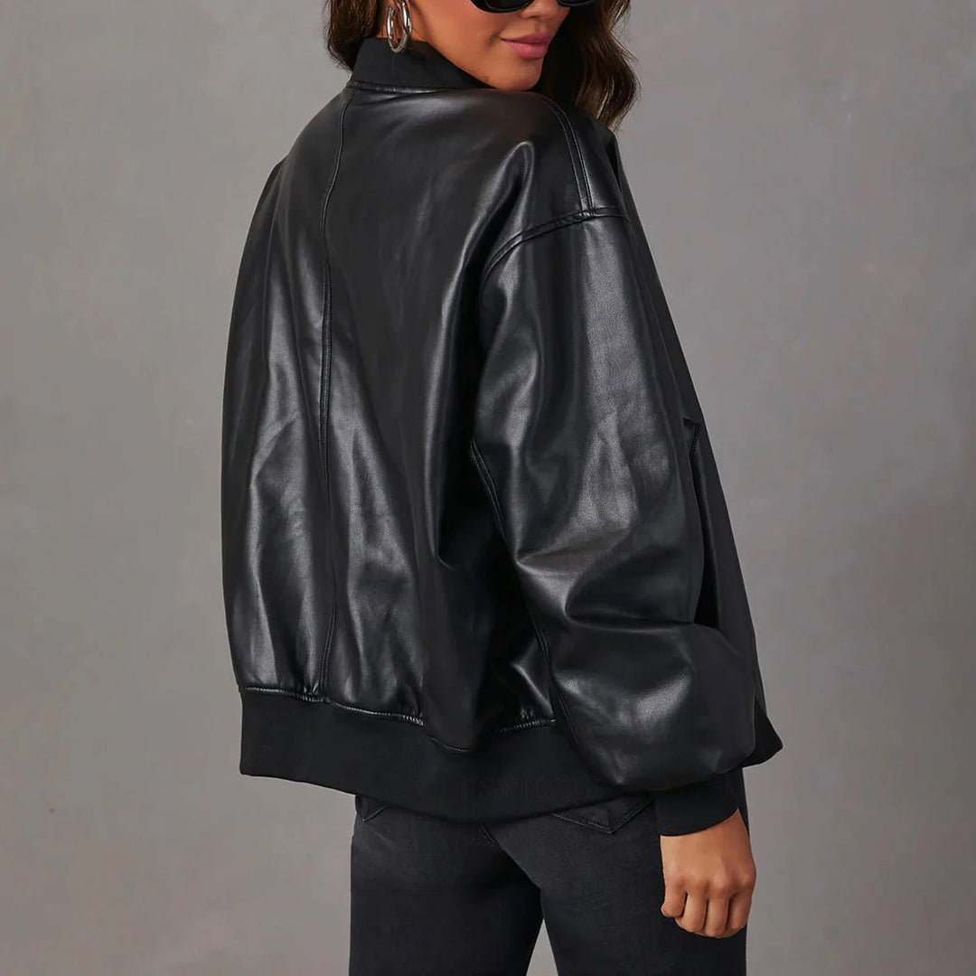 Women’s Oversized Bomber Jacket – Glossy Leather-Look for Edgy Style 1