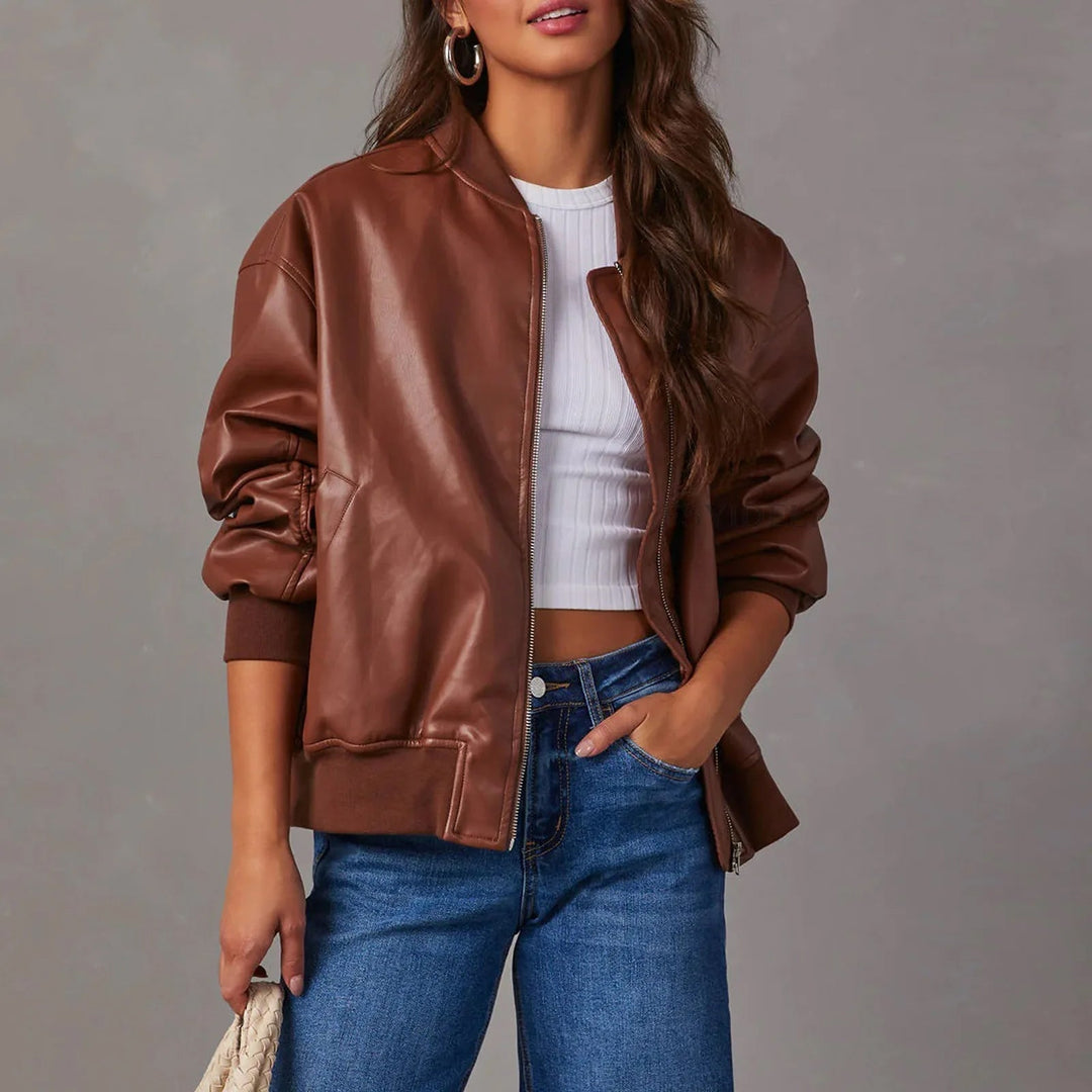 Women’s Oversized Bomber Jacket – Glossy Leather-Look for Edgy Style 4