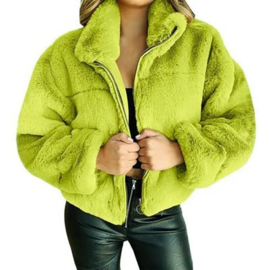 Women’s Oversized Faux Fur Jacket – Cozy High Collar Design 0