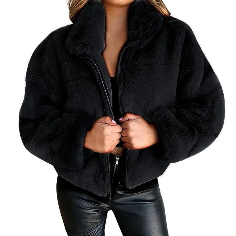 Women’s Oversized Faux Fur Jacket – Cozy High Collar Design 1