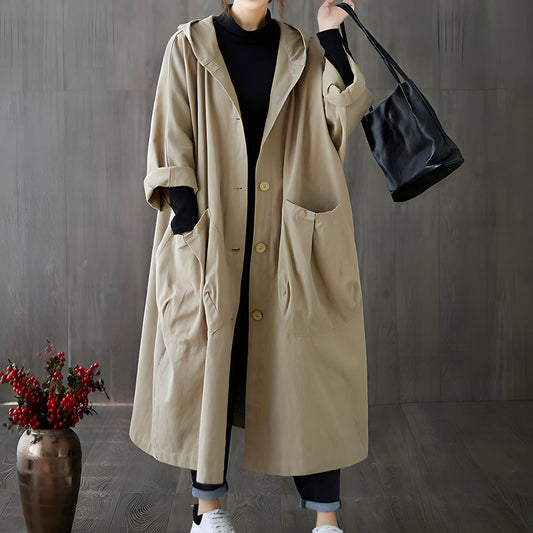 Women's Oversized Hooded Trench Coat – Vintage Style with Pockets 0