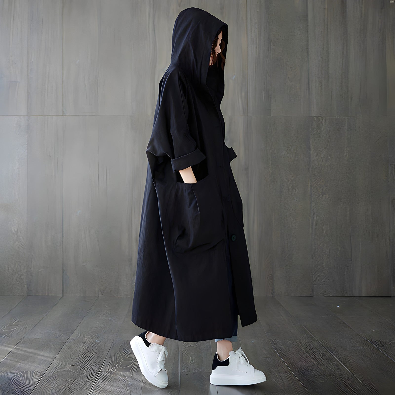 Women's Oversized Hooded Trench Coat – Vintage Style with Pockets 4