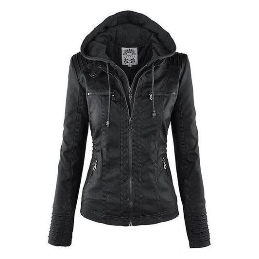 Women's PU Leather Biker Jacket – Stylish Hooded Design 0