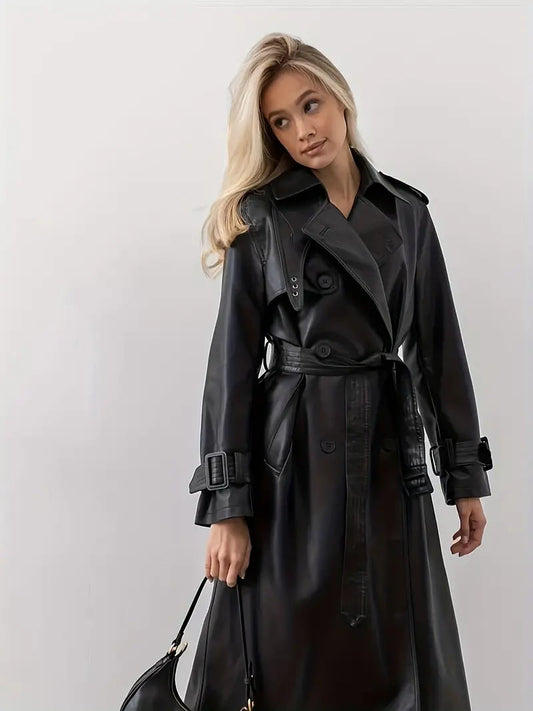 Women's PU Leather Trench Coat – Chic Belted Design for Fall 0