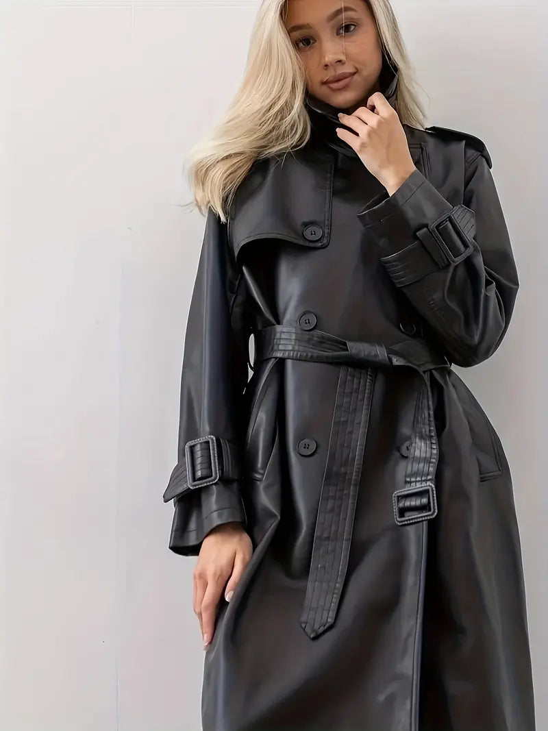 Women's PU Leather Trench Coat – Chic Belted Design for Fall 1