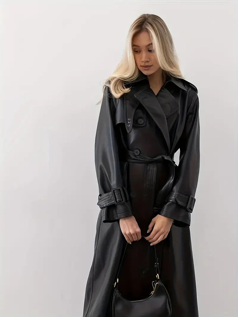 Women's PU Leather Trench Coat – Chic Belted Design for Fall 2