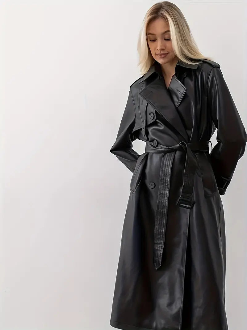 Women's PU Leather Trench Coat – Chic Belted Design for Fall 3