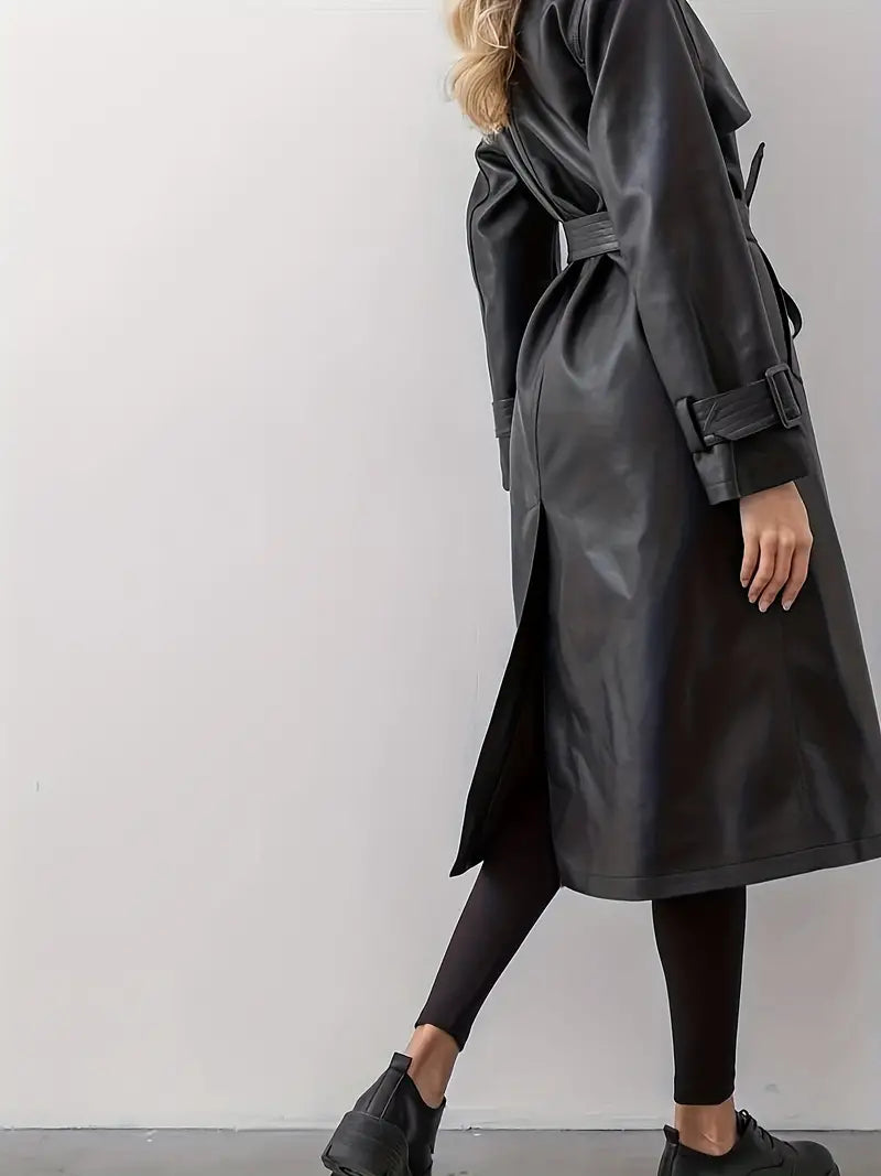 Women's PU Leather Trench Coat – Chic Belted Design for Fall 4