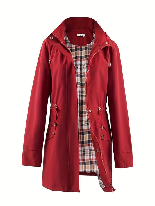Women's Plaid Hooded Trench Coat – Stylish & Windproof Comfort 0