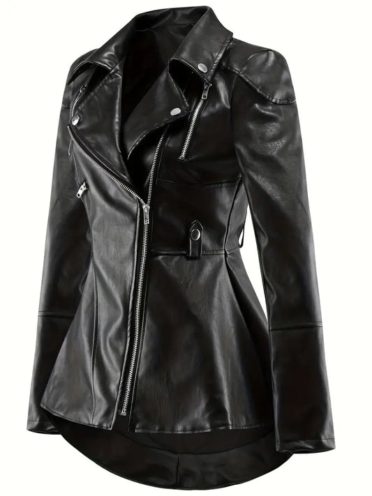 Women's Ruffled PU Leather Jacket – Chic Swallowtail Design 0