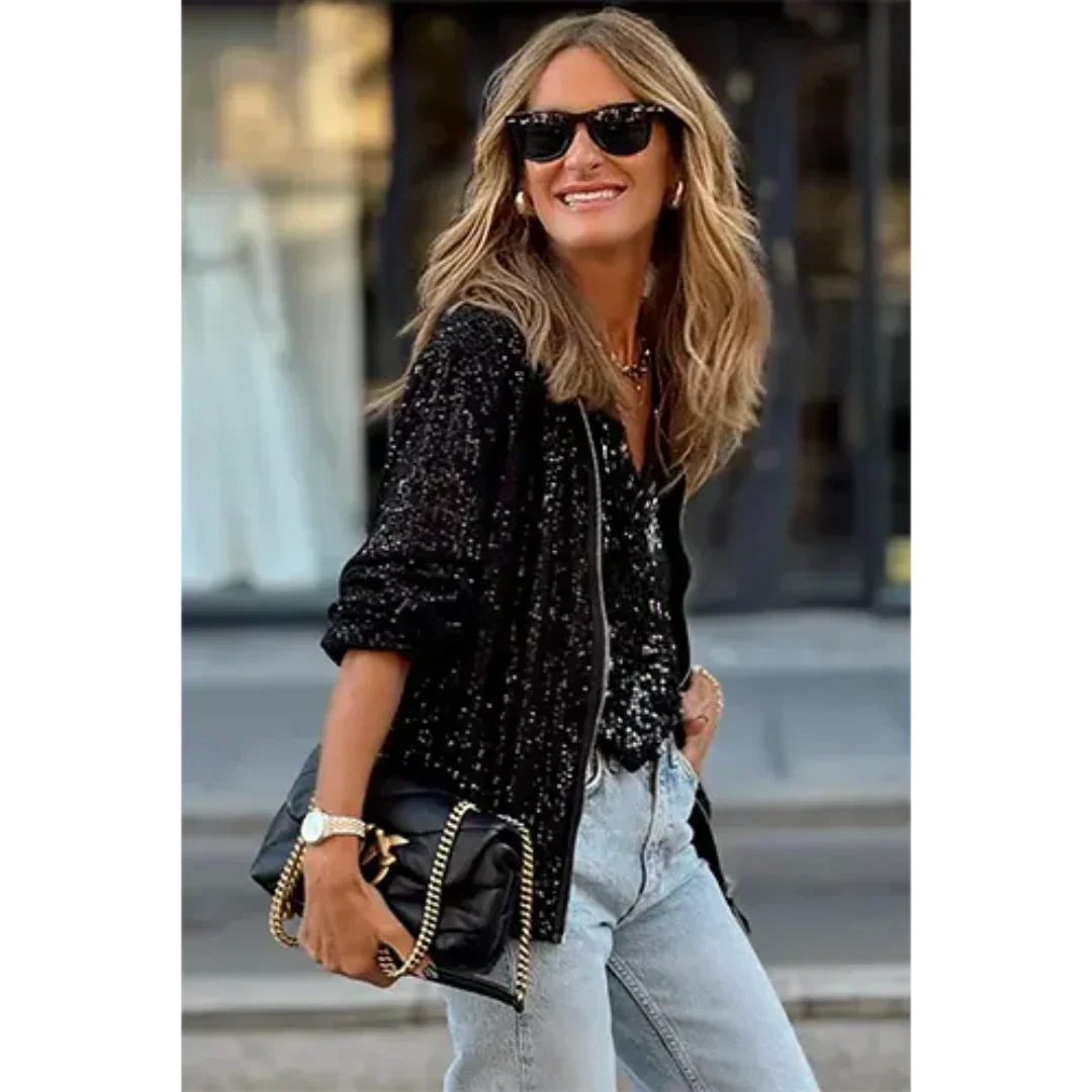 Women’s Sequin Bomber Jacket – Cropped Style for Effortless Glam 0