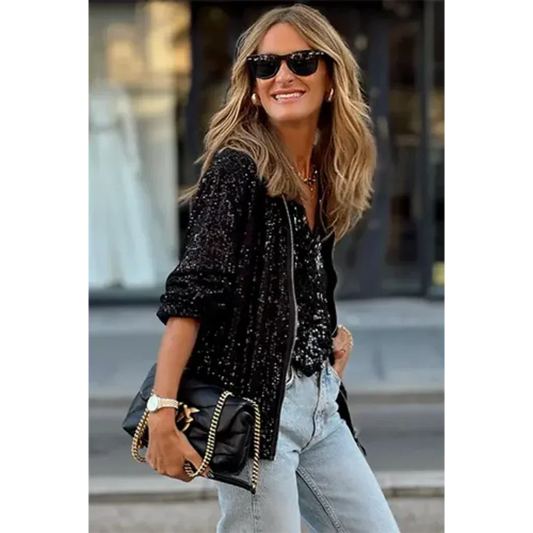 Women’s Sequin Bomber Jacket – Cropped Style for Effortless Glam 0