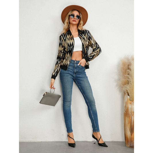 Women’s Sequin Bomber Jacket – Glamorous Zigzag Design for All Occasions 0