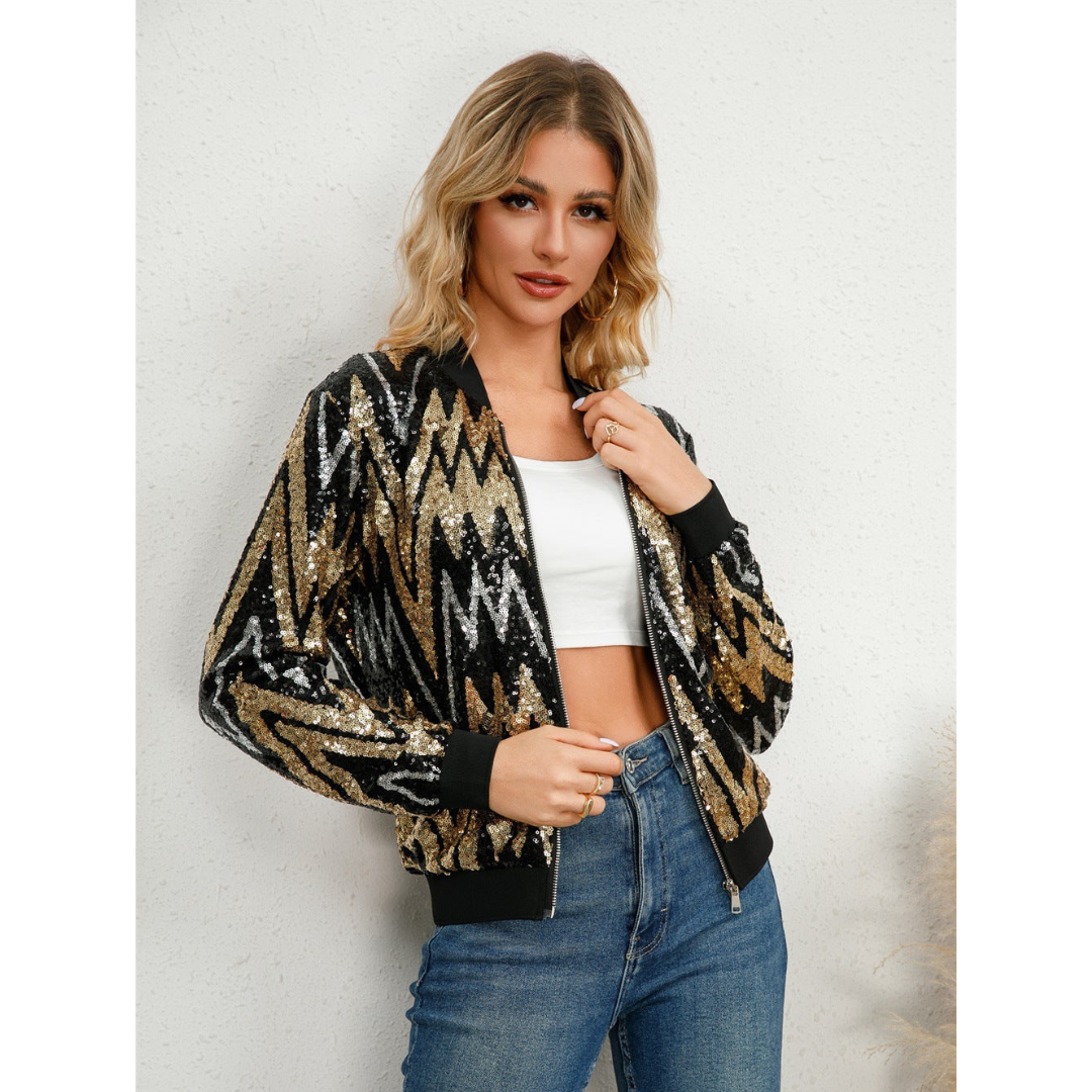 Women’s Sequin Bomber Jacket – Glamorous Zigzag Design for All Occasions 1