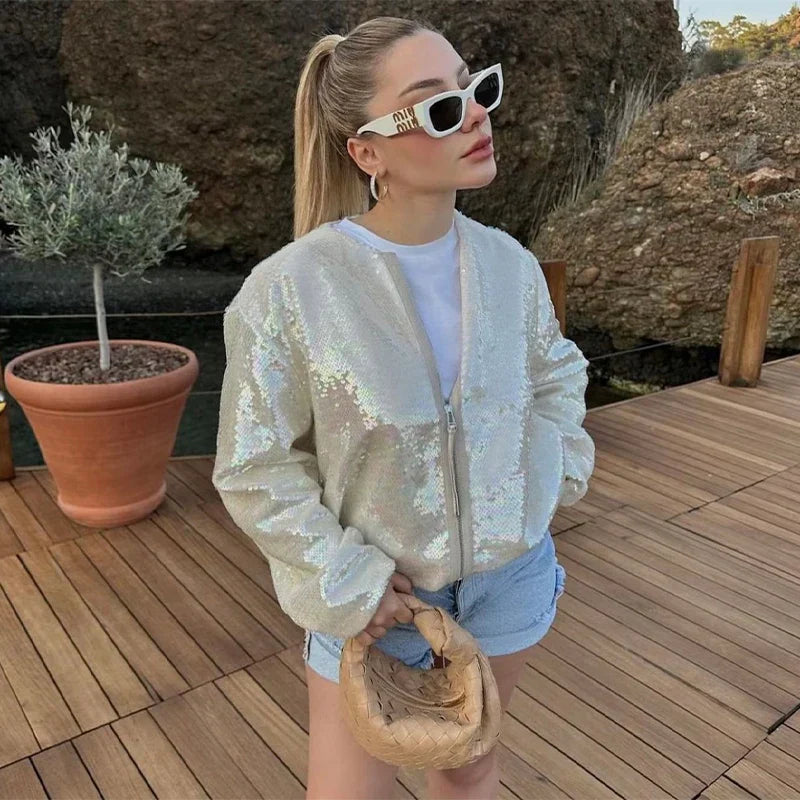 Women's Shiny Jacket – Elegant Zippered Design for Chic Layering 5