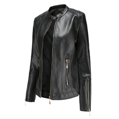 Women's Short Faux Leather Jacket – Chic Stand Collar Design 0