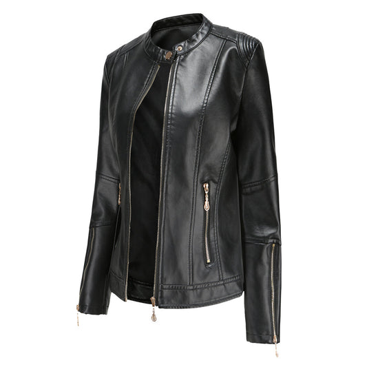 Women's Short Faux Leather Jacket – Chic Stand Collar Design 0