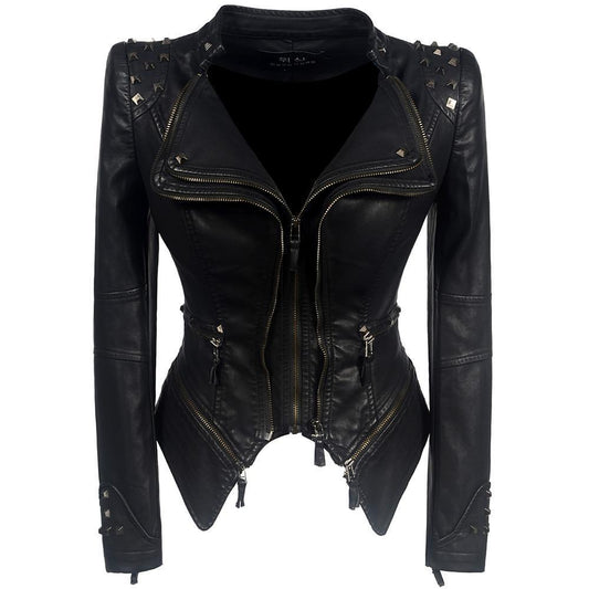 Women’s Slim Fit Biker Jacket – Edgy Studded Design 0