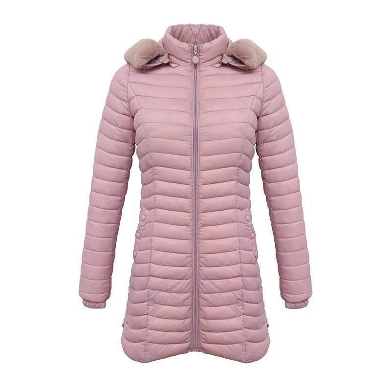 Women's Slim Fit Puffer Jacket – Chic Fur Hood for Winter Warmth 0