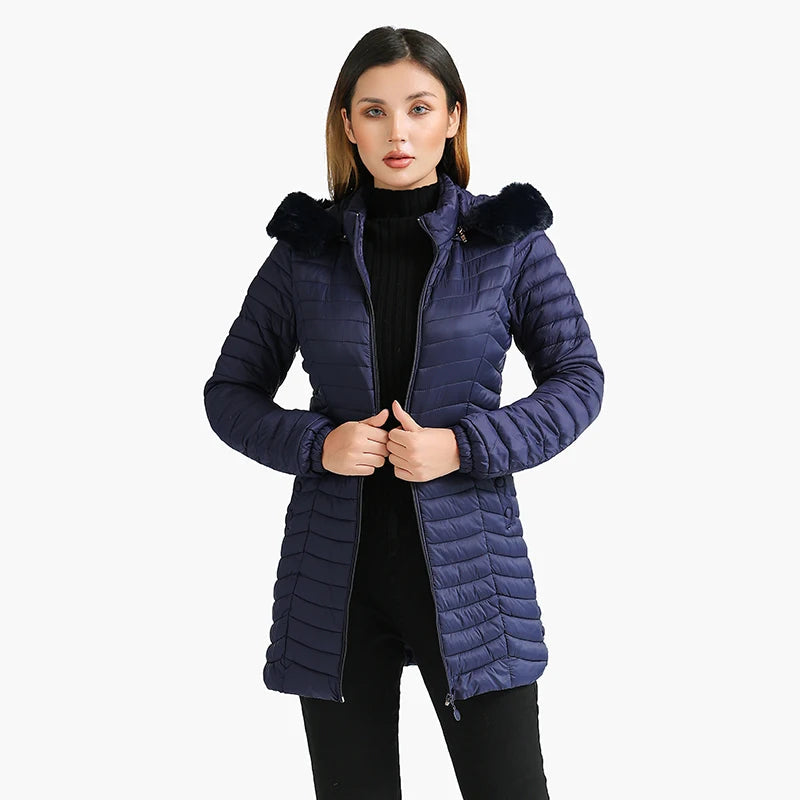 Women's Slim Fit Puffer Jacket – Chic Fur Hood for Winter Warmth 1