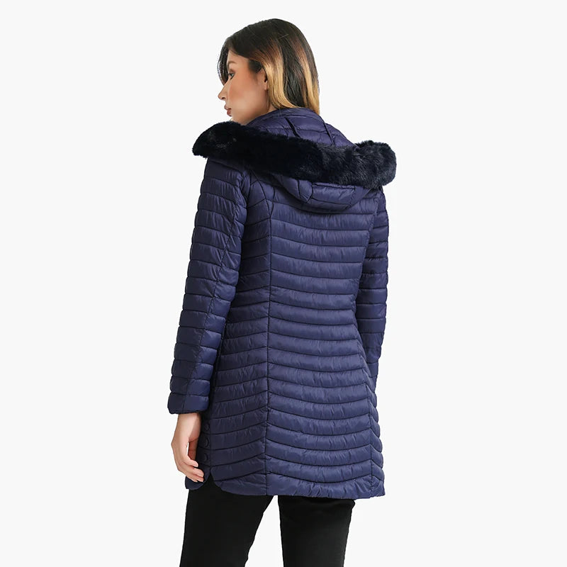 Women's Slim Fit Puffer Jacket – Chic Fur Hood for Winter Warmth 2