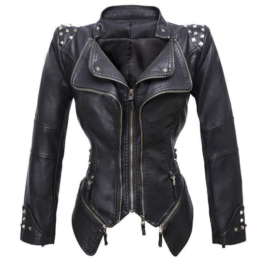 Women's Slim Fit Rivet Leather Jacket – Edgy Style for Every Occasion 0