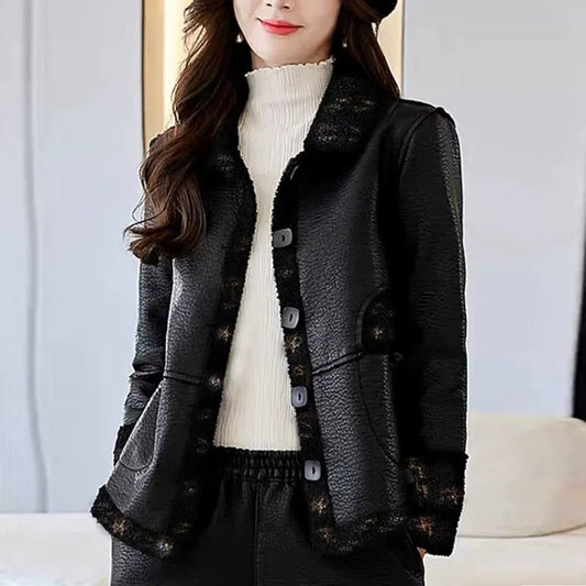 Women’s Tailored Leather Jacket – Plush Trim for Effortless Style 0