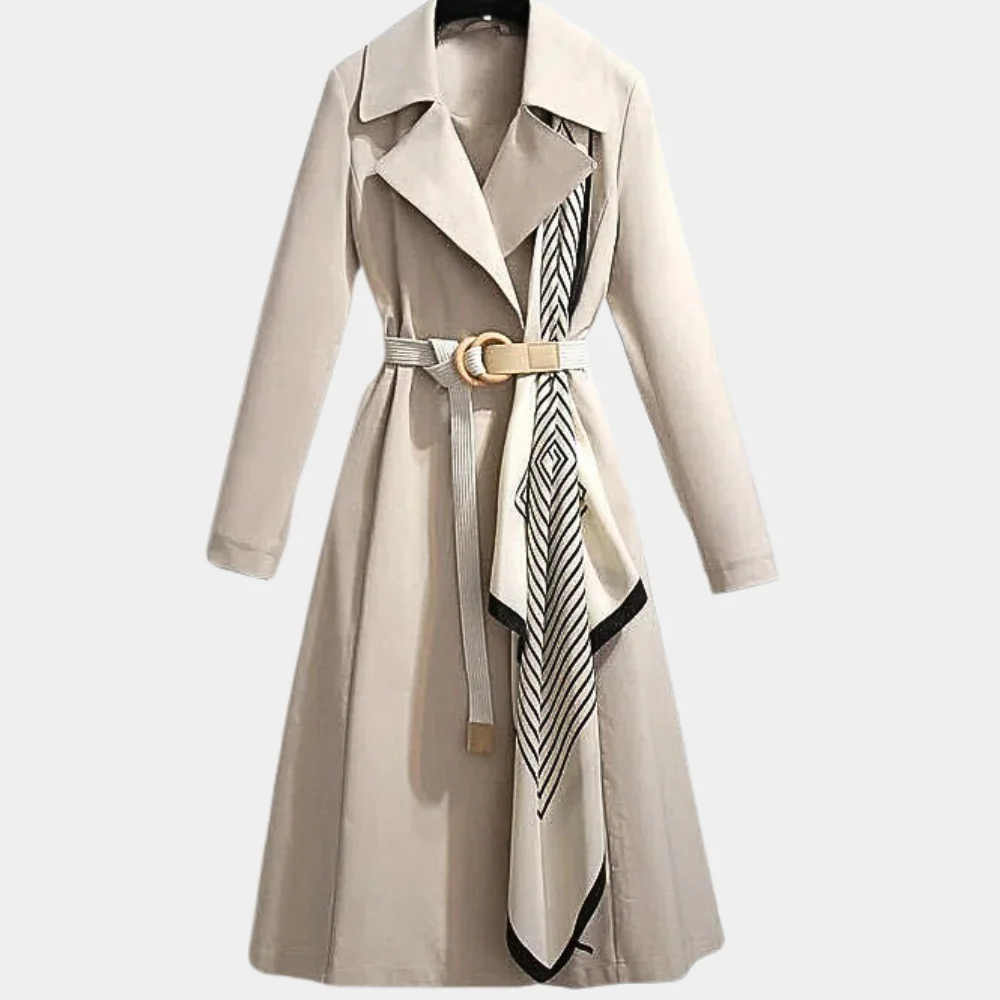 Women's Trench Coat – Tailored Fit with Flared Hem & Scarf Detail 1